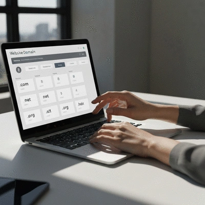 Person choosing a domain name on a laptop, with various domain extensions displayed on screen