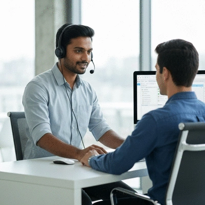 Customer support agent helping a web hosting client on a computer, clean image