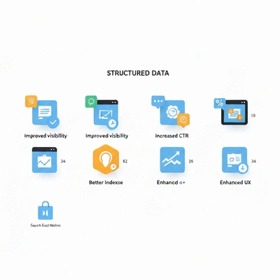 Infographic showing benefits of structured data: improved visibility, increased CTR, better indexing, enhanced UX