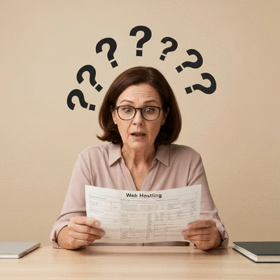 Person looking confused at a web hosting bill with numbers and question marks