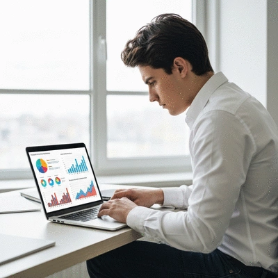 Person working on a laptop with charts and graphs related to SEO, no text, no words, no typography, 8K