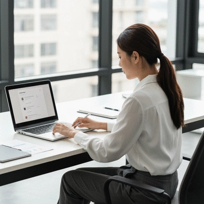 Person researching SEO-friendly domain names on a laptop with a clean, modern interface