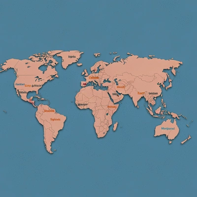 Stylized world map with various TLDs highlighted over corresponding regions