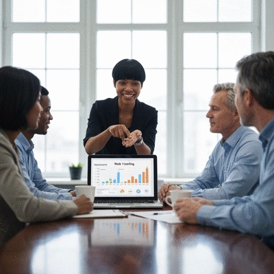 Modern office setting with diverse small business owners collaborating around a table, one pointing to a laptop screen displaying web hosting metrics, no text, no words, no typography, clean image