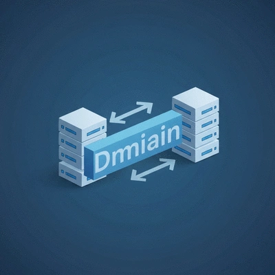 Abstract illustration of a domain being transferred between two servers, symbolizing a domain name transfer, with arrows indicating movement, clean, modern design, no text, no words, no typography, 8K