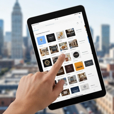 Hand pointing to a tablet screen displaying local business listings on Google Maps, with a blurred cityscape in the background, no text, no words, no typography, clean image