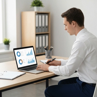 Person planning SEO strategy with charts and graphs on a laptop, clean desk, no text, no words, no typography, 8K