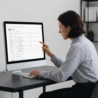 Person reviewing WHOIS information on a computer screen, emphasizing data accuracy and security, with a modern, clean interface, no text, no words, no typography, 8K