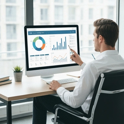 Small business owner in a modern office, actively comparing web hosting plans on a computer, with charts and graphs visible, no text, no words, no typography, clean image