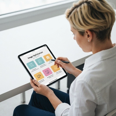 Person reviewing image optimization checklist on a tablet, with icons representing different best practices, no text, no words, no typography, 8K