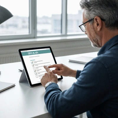 Person using a digital checklist on a tablet for SEO audit