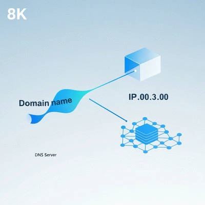 Abstract representation of a domain name connecting to an IP address with DNS in between, clean image, no text