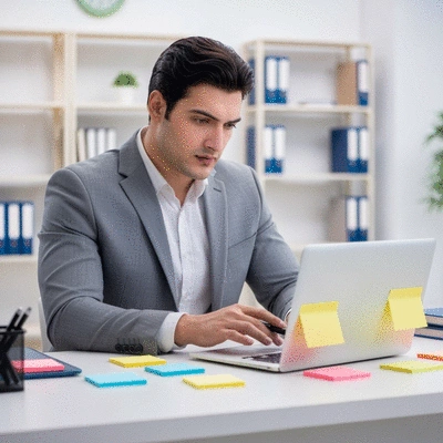 Person brainstorming domain names with sticky notes and a laptop, modern office setting, clean image, no text