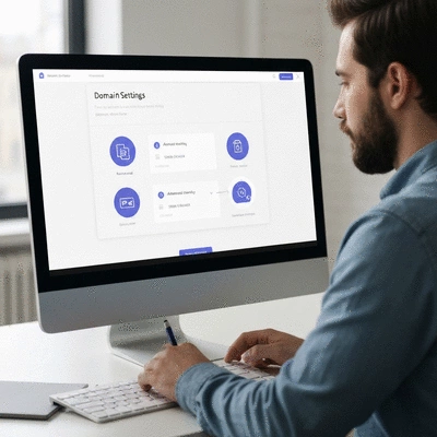 Person managing domain settings on a computer, showing renewal options and security features