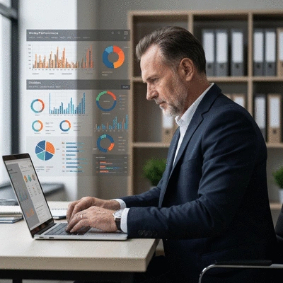 Person monitoring website performance on a laptop with charts and graphs, data analysis, optimization