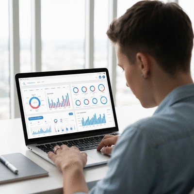 Person using a modern SEO tool interface on a laptop, showcasing data and analytics, bright office, no text, no words, no typography, 8K