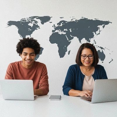 Diverse group of people interacting with different localized versions of a website on various devices, clean image