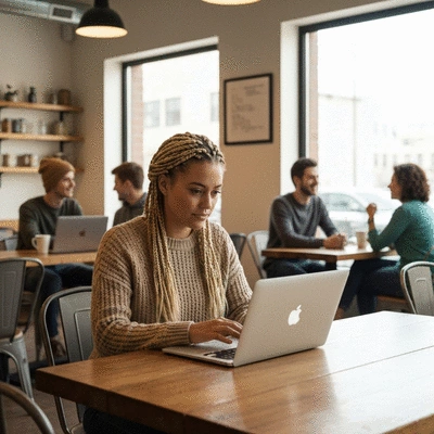 Small business owner working on a laptop in a cozy cafe, surrounded by local community elements, no text, no words, no typography, clean image