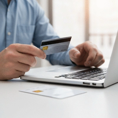 Close-up of a hand holding a credit card over a laptop keyboard, symbolizing online payment and domain registration costs