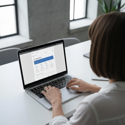 Person using a laptop with domain registration interface on screen, representing online identity management