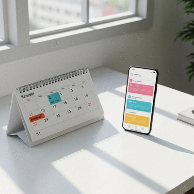 Calendar with highlighted renewal dates and digital reminders on a smartphone