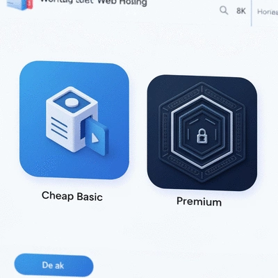 Two hands reaching towards different web hosting icons, one cheap and one premium, symbolizing choice