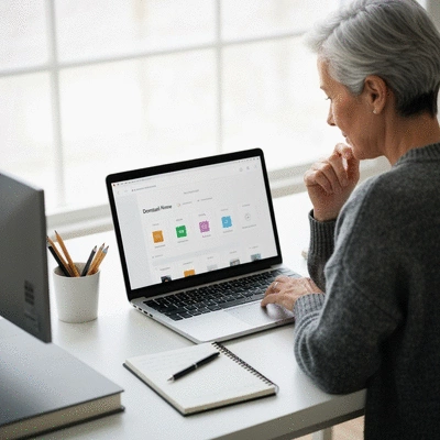 Person thoughtfully considering domain name options on a laptop, with a notepad and pen nearby