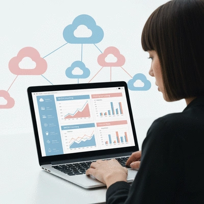 Person evaluating hosting options on a laptop, with graphs and cloud icons in the background