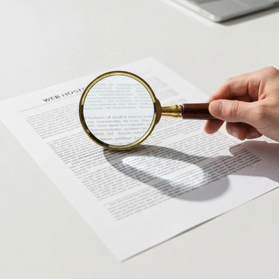 Magnifying glass examining fine print on a web hosting contract, highlighting hidden fees