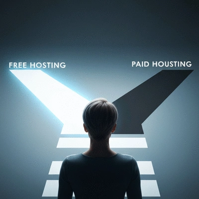 Person making a decision between two hosting options, represented by two diverging paths