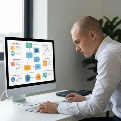 Person analyzing structured data on a computer screen, showing various schema types and their benefits for SEO