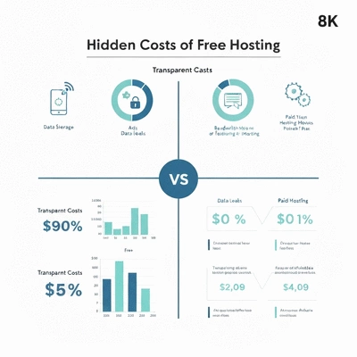 Infographic comparing hidden costs of free hosting versus transparent costs of paid hosting